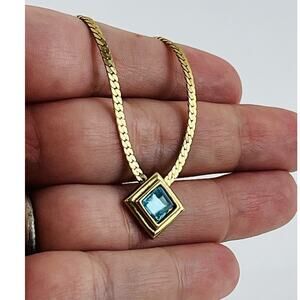 Rare Vintage Avon Necklace Gold Tone Blue Diamond Minecraft Look Teal Aqua 1986